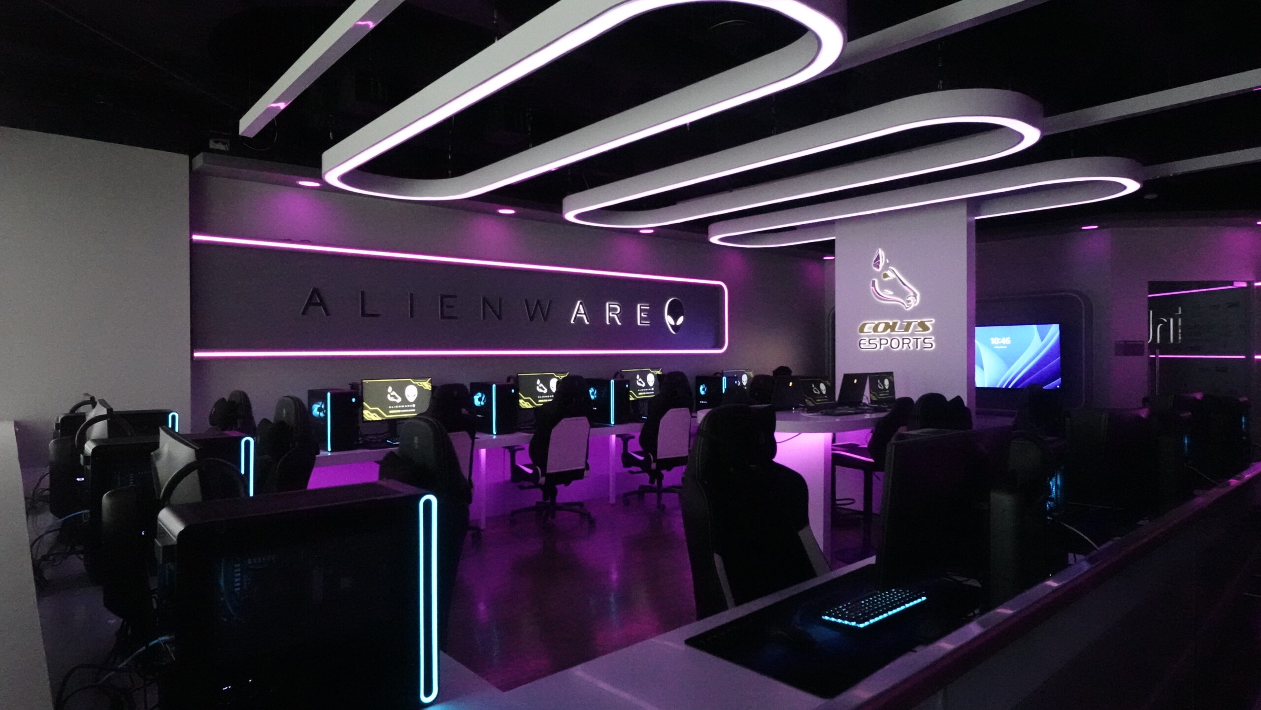 Row of high-performance Alienware esports gaming stations at Centennial College