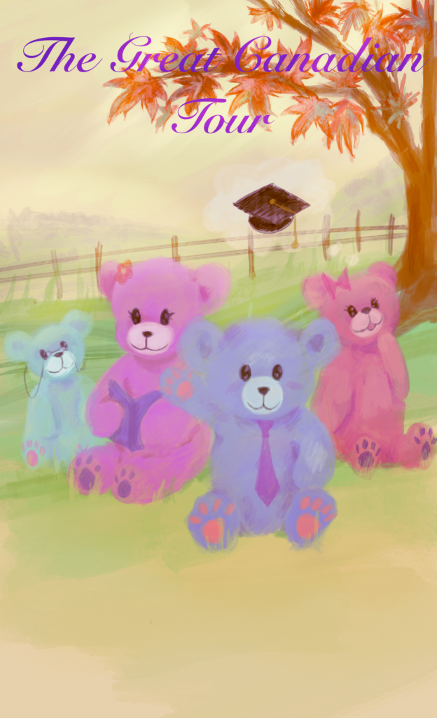 Hand-drawn watercolor illustration titled "The Great Canadian Tour" featuring four colorful teddy bears under an autumn maple tree, with a graduation cap thought bubble. Representing Canadian education and custom elite admission consulting by All Win Education.