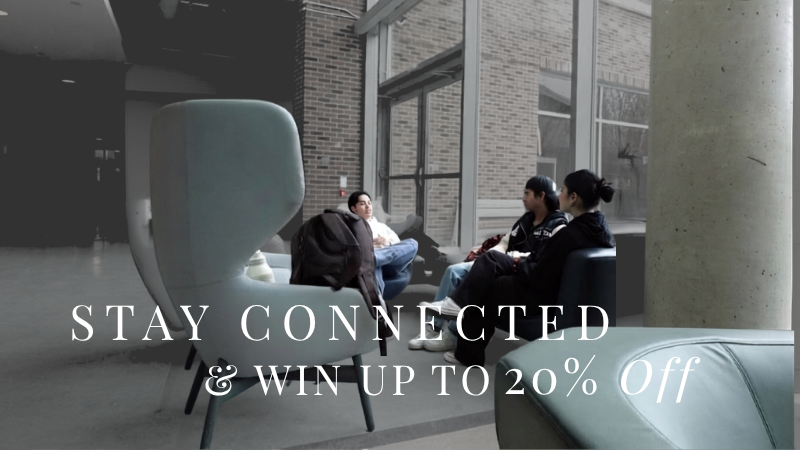 ALL WIN VIP newsletter banner featuring students in a modern university lounge with stay connected offer.